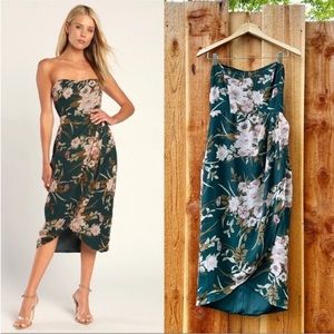 Green and Blush Floral Strapless Sweetheart Tulip Midi Dress 🌿